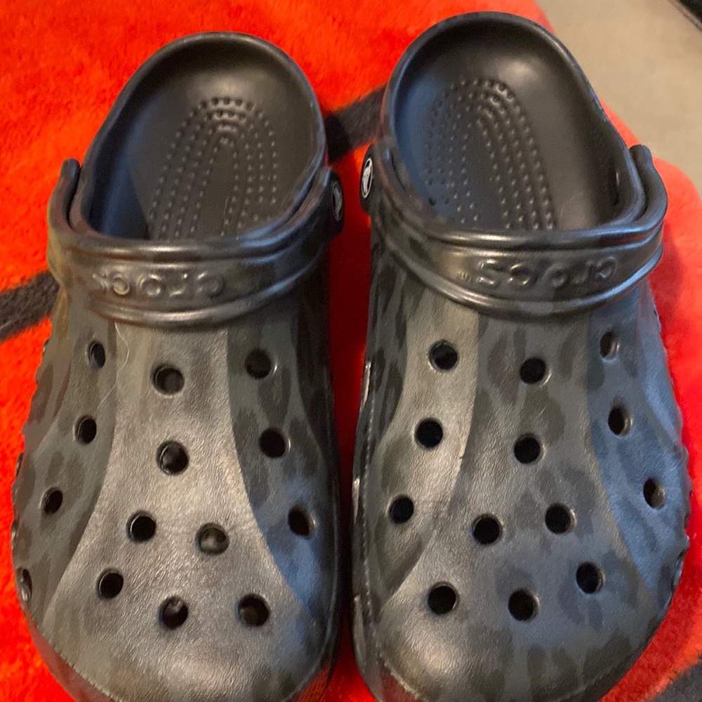 Womens black and grey leopard print Crocs size 9